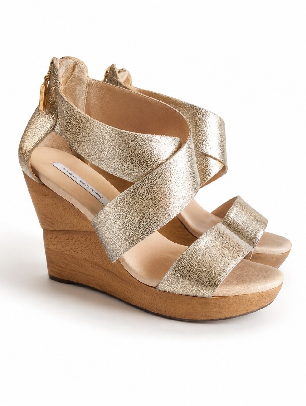 Diane Von Furstenberg Leather Opal Gold Wedge Heel Sandals Sz 10.5 Party Event